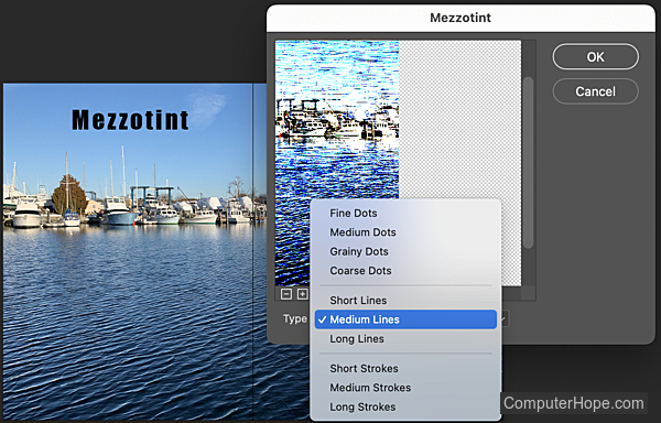 Mezzotint options in Adobe Photoshop.