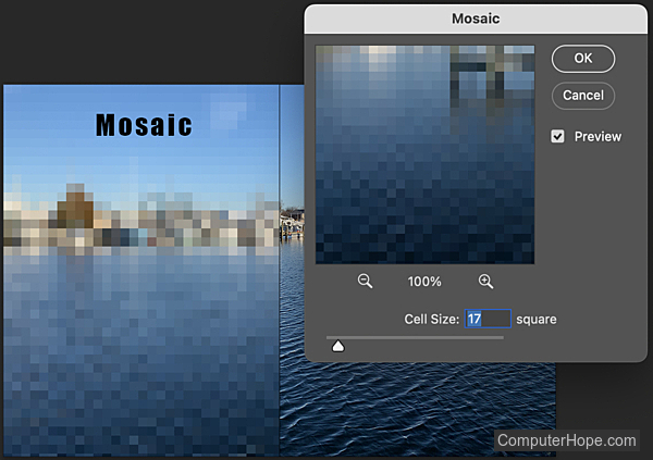 Mosaic filter cell size example in Adobe Photoshop.