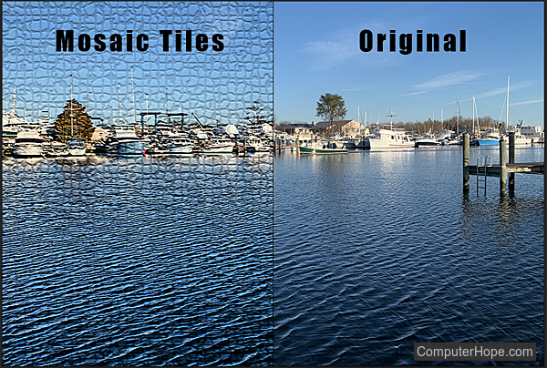 Mosaic Tiles filter example in Adobe Photoshop.