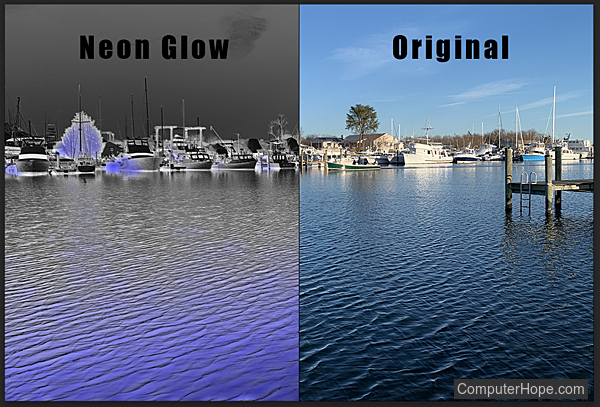 Neon Glow filter example before and after in Adobe Photoshop.