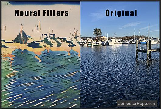Filter Neural sebelum dan sesudah contoh di Adobe Photoshop.