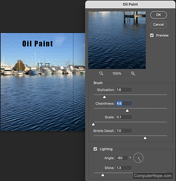 Oil Paint filter settings in Adobe Photoshop.