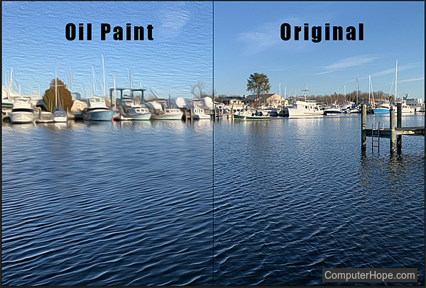 Oil Paint filter example before and after in Adobe Photoshop.