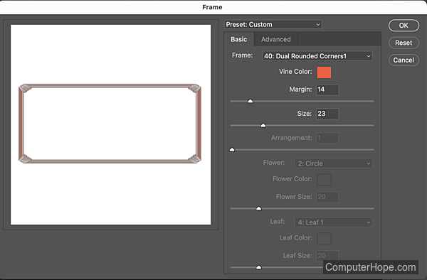 Picture Frame settings in Adobe Photoshop.