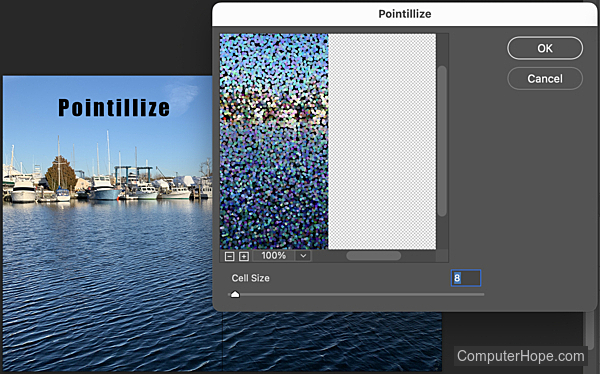 Pointillize cell size settings in Adobe Photoshop.