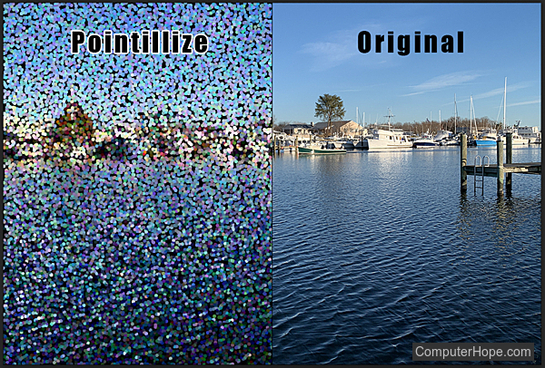Pointillize filter example in Adobe Photoshop.