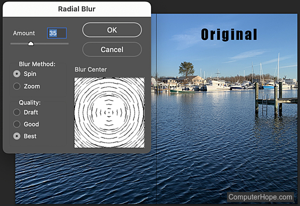 Radial Blur Filter Spin settings in Adobe Photoshop.