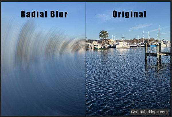 Radial Blur filter spin example in Adobe Photoshop.