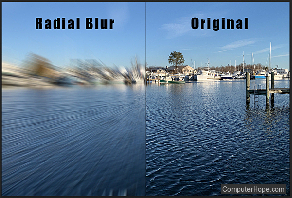 Radial Blur filter zoom example in Adobe Photoshop.