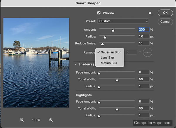 Smart Sharpen settings in Adobe Photoshop.
