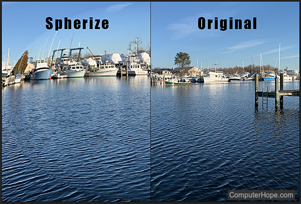Spherize filter example in Adobe Photoshop.
