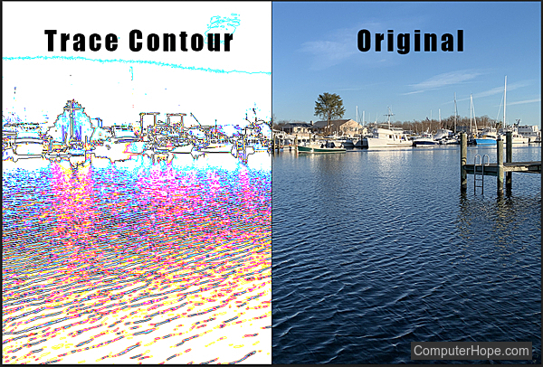 Trace Contour filter example in Adobe Photoshop.