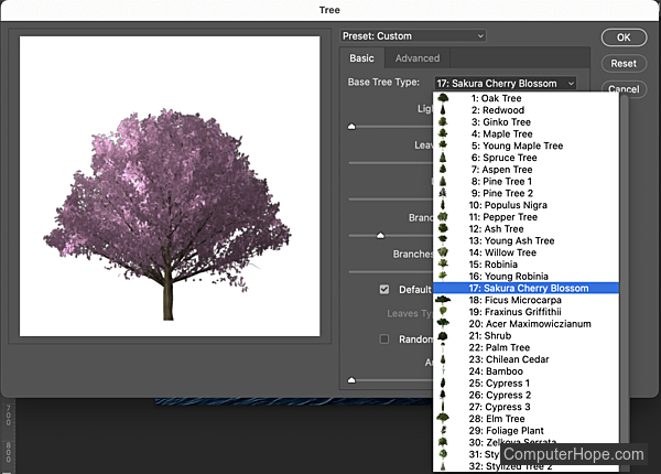 Tree filter settings in Adobe Photoshop.