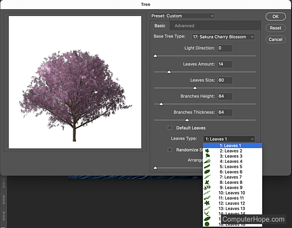 Tree filter leaves settings in Adobe Photoshop.