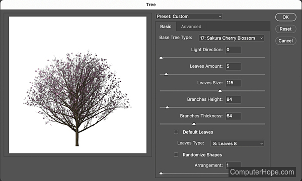 Filter pohon dengan beberapa daun di Adobe Photoshop.