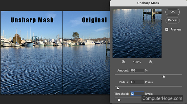 Unsharp Mask filter example in Adobe Photoshop.