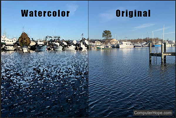 Watercolor filter example in Adobe Photoshop.