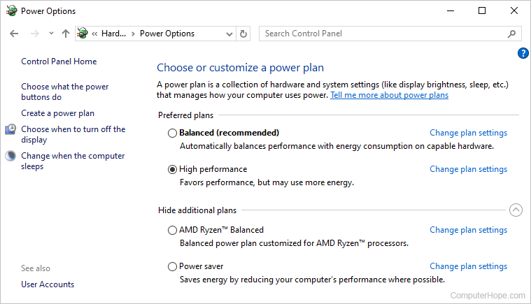Windows 10 Power Options