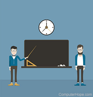 Two animated guys sharing logic on a black board.