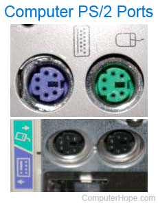 Green and purple PS/2 ports for keyboard and mouse.