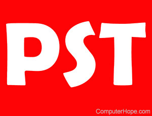 PST in white lettering on red background.