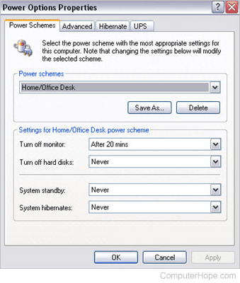 Windows XP power options