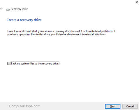 Windows Recovery Drive screen.