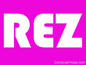 Rez in white lettering on pink background.