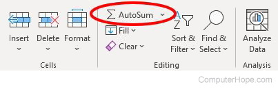 AutoSum function on the Microsoft Excel Ribbon