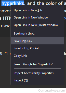Save link as option in the Firefox browser.