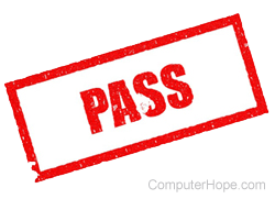 Pass in red lettering surrounded by a red rectangle.