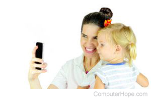 Woman and child taking a selfie.