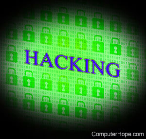 Hacking in blue lettering on a simulated computer screen.