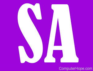 SA in white lettering on purple background.