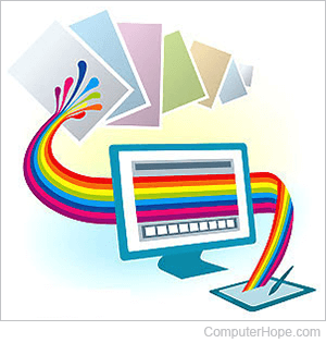 Illustration of a rainbow coming out of a tablet and flowing through a computer screen.