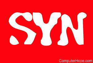 SYN in white lettering on red background.