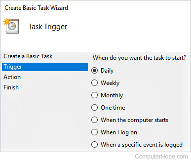 Trigger selections in the Windows 10 Create Basic Task scheduler