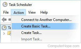 Starting the create basic task wizard from the Action menu in the Windows 10 Task Scheduler