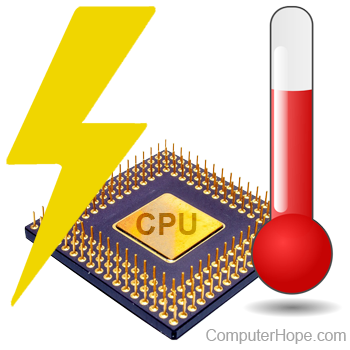 Illustration of CPU with a yellow lightning bolt and red temperature gauge indicating hot.