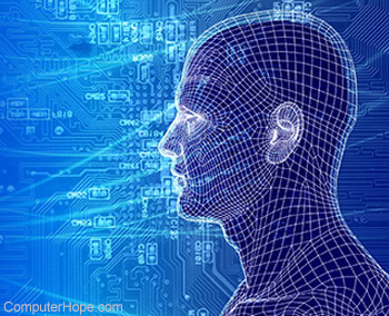 Digital illustration of a person's head to represent tech or technology.