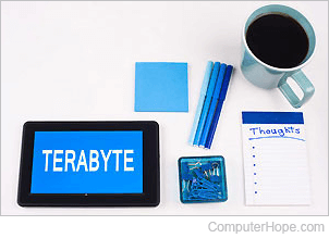 Terabyte in white lettering on a tablet screen.