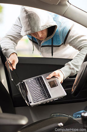 Person stealing a laptop from a vehicle.