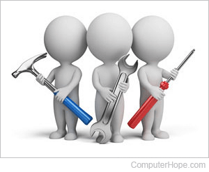 Illustrated people holding a hammer, wrench, and screwdriver.