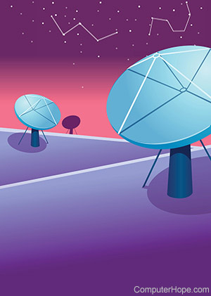 Illustration of two satellite dishes pointed to the sky.
