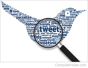 Many words arranged to create a bird, with magnifying glass enlarging the word tweet.