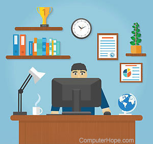 Illustration of a person sitting at a desk and using a computer.