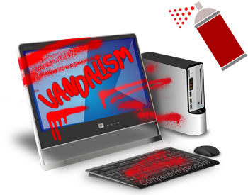 Illustration of spray paint on a computer, monitor, and keyboard, representing vandalism.