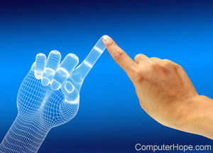 Person's finger touching a digital, virtual finger.