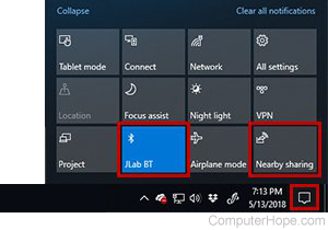 Bluetooth Quick Pairing and Nearby Sharing features can be accessed through new buttons in the Action Center.