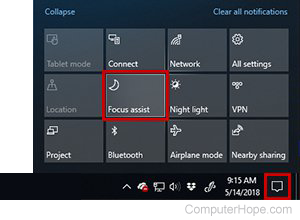 Focus Assist, formerly known as Quiet Hours, in the Action Center.